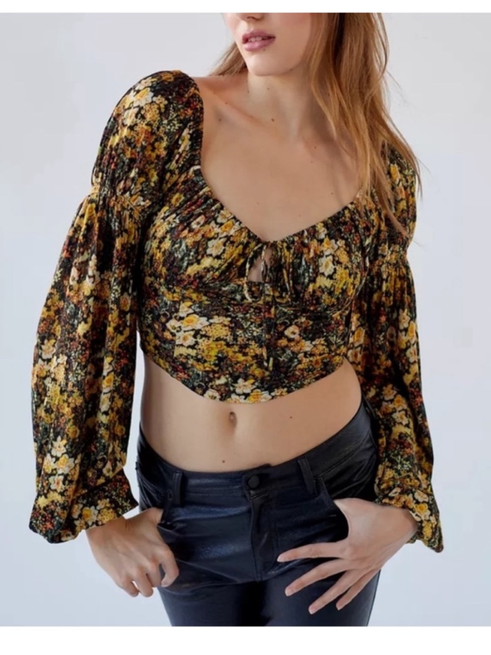 Urban Outfitters | Elowen Blouse Black Motif Floral Large Cropped Fall Autumn